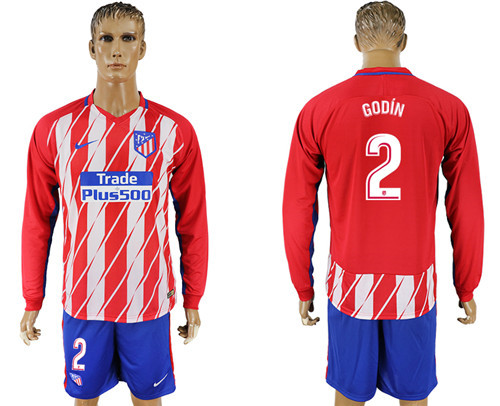 2017 18 Atletico Madrid 2 GODIN Home Long Sleeve Soccer Jersey