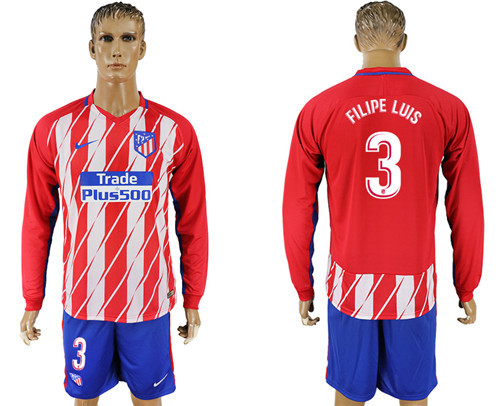 2017 18 Atletico Madrid 3 FILIPE LUIS Home Long Sleeve Soccer Jersey