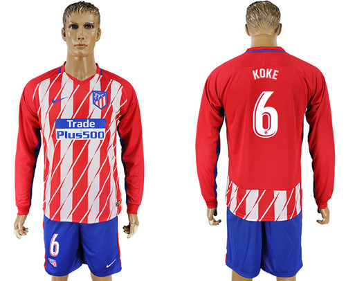 2017 18 Atletico Madrid 6 KOKE Home Long Sleeve Soccer Jersey