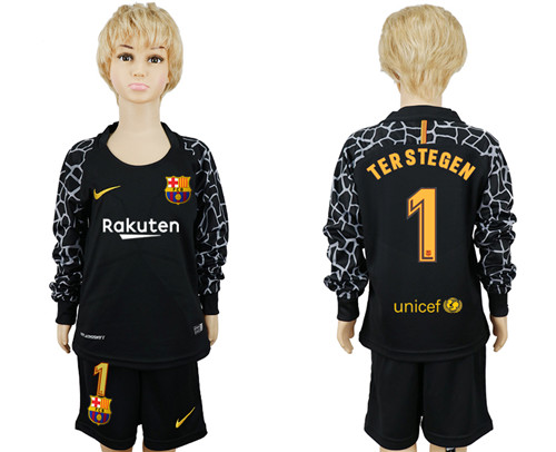 2017 18 Barcelona 1 TER STEGEN Black Youth Long Sleeve Goalkeeper Soccer Jersey