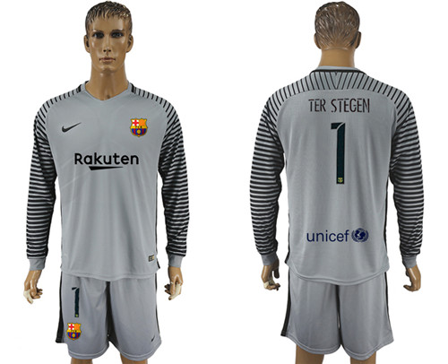 2017 18 Barcelona 1 TER STEGEN Gray Goalkeeper Long Sleeve Soccer Jersey