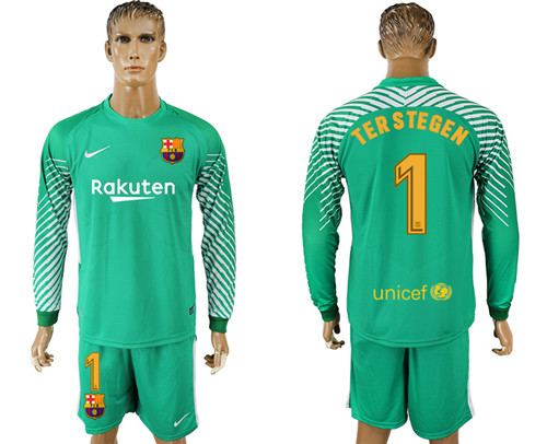 2017 18 Barcelona 1 TER STEGEN Green Long Sleeve Goalkeeper Soccer Jersey