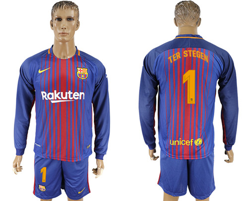 2017 18 Barcelona 1 TER STEGEN Home Long Sleeve Soccer Jersey