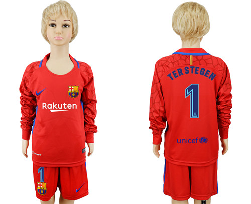 2017 18 Barcelona 1 TER STEGEN Red Youth Long Sleeve Goalkeeper Soccer Jersey