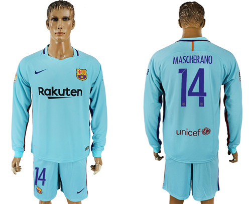 2017 18 Barcelona 14 MASCHERANO Away Long Sleeve Soccer Jersey