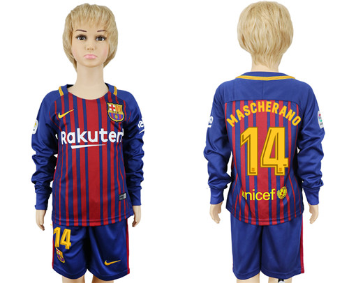 2017 18 Barcelona 14 MASCHERANO Youth Home Long Sleeve Soccer Jersey