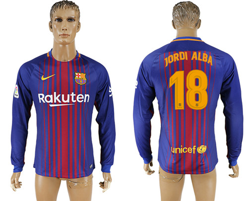 2017 18 Barcelona 18 JORDI ALBA Home Long Sleeve Thailand Soccer Jersey