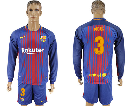 2017 18 Barcelona 3 PIQUE Home Long Sleeve Soccer Jersey