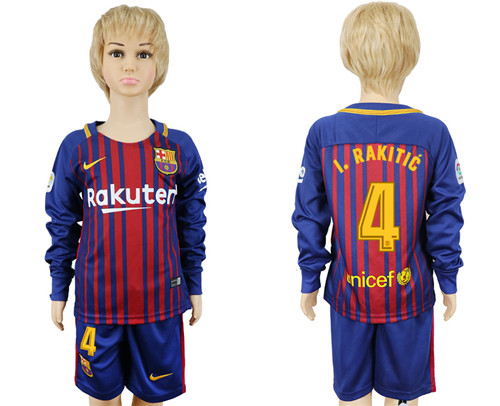 2017 18 Barcelona 4 I. RAKITIC Youth Home Long Sleeve Soccer Jersey