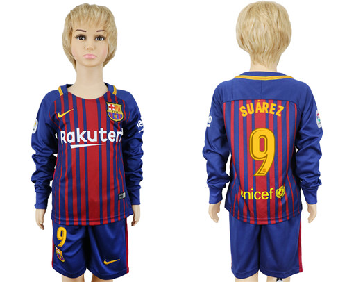 2017 18 Barcelona 9 SUAREZ Youth Home Long Sleeve Soccer Jersey
