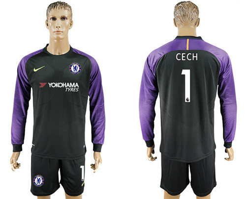 2017 18 Chelsea 1 CECH Black Goalkeeper Long Sleeve Soccer Jersey