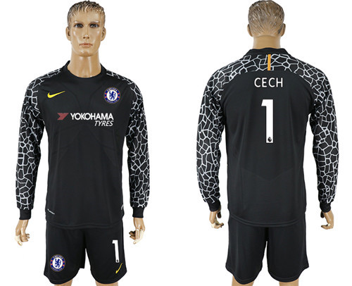 2017 18 Chelsea 1 CECH Black Long Sleeve Goalkeeper Soccer Jersey