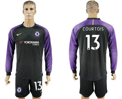 2017 18 Chelsea 13 COURTOIS Black Goalkeeper Long Sleeve Soccer Jersey