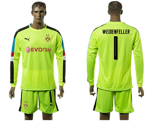 2017 18 Dortmund 1 WEIDENFELLER Fluorescent Green Goalkeeper Long Sleeve Soccer Jersey