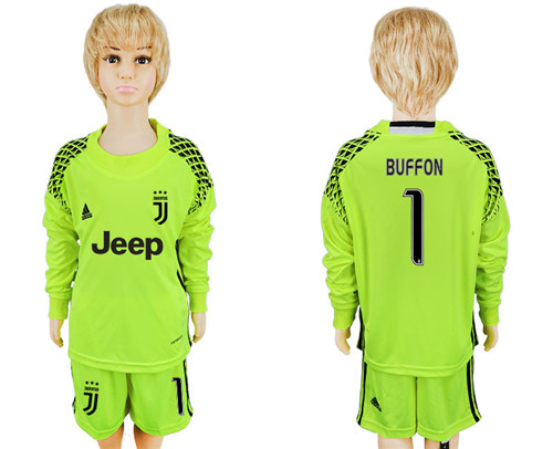2017 18 Juventus 1 BUFFON Fluorescent Green Youth Goalkeeper Long Sleeve Soccer Jersey