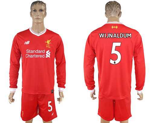 2017 18 Liverpool 5 WIJNALDUM Home Long Sleeve Soccer Jersey