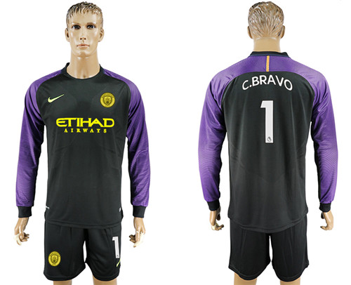 2017 18 Manchester City 1 C.BRAVO Black Goalkeeper Long Sleeve Soccer Jersey