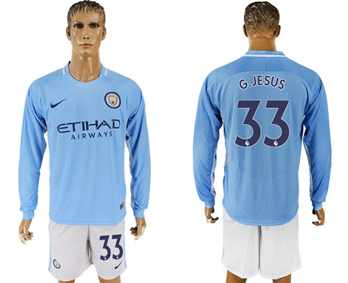 2017 18 Manchester City 33 G. JESUS Away Long Sleeve Soccer Jersey