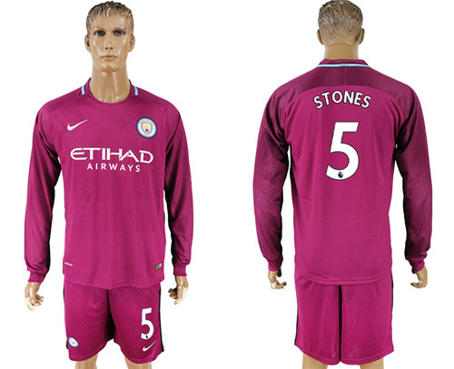 2017 18 Manchester City 5 STONES Away Long Sleeve Soccer Jersey