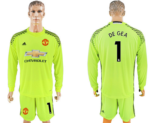 2017 18 Manchester United 1 DE GEA Fluorescent Green Goalkeeper Long Sleeve Soccer Jersey