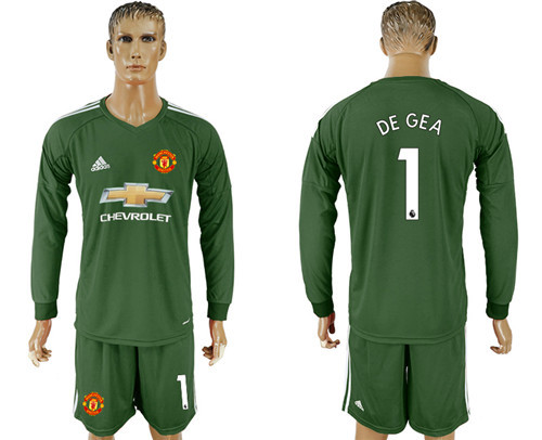 2017 18 Manchester United 1 DE GEA Military Green Long Sleeve Goalkeeper Soccer Jersey