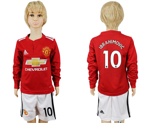 2017 18 Manchester United 10 IBRAHIMOVIC Home Youth Long Sleeve Soccer Jersey