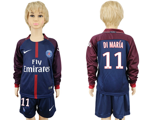 2017 18 Paris Saint Germain 11 DI MARIA Youth Home Long Sleeve Soccer Jersey