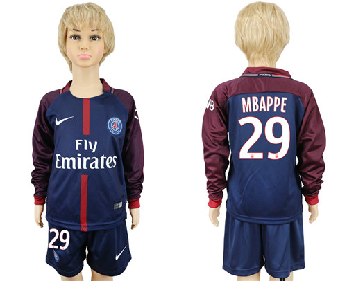 2017 18 Paris Saint Germain 29 MBAPPE Youth Home Long Sleeve Soccer Jersey