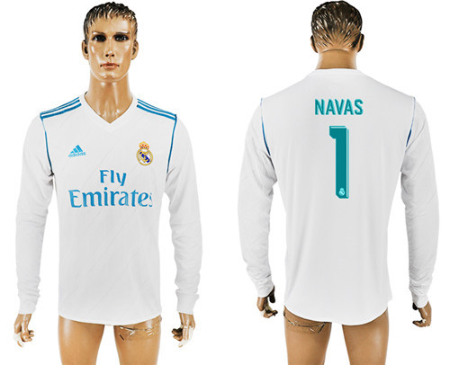 2017 18 Real Madrid 1 NAVAS Home Long Sleeve Thailand Soccer Jersey