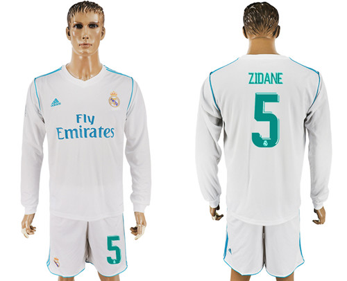 2017 18 Real Madrid 5 ZIDANE Home Long Sleeve Soccer Jersey