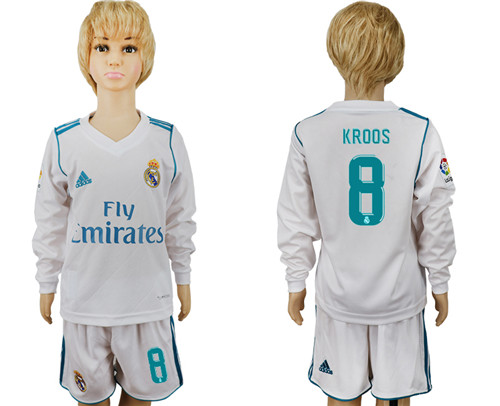 2017 18 Real Madrid 8 KROOS Home Youth Long Sleeve Soccer Jersey
