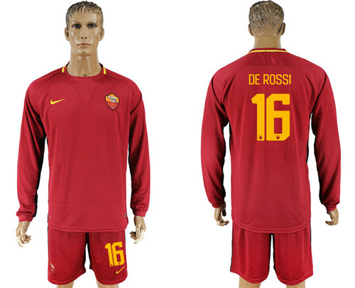 2017 18 Roma 16 DE ROSSI Home Long Sleeve Soccer Jersey