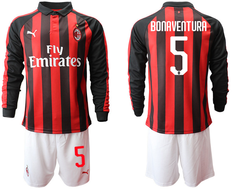 2018 19 AC Milan 5 BONAVENTURA Home Long Sleeve Soccer Jersey