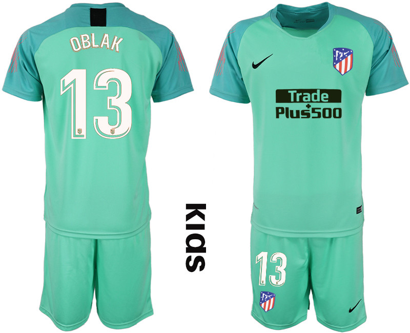 2018 19 Atletico Madrid 13 OBLAK Green Youth Goalkeeper Soccer Jersey