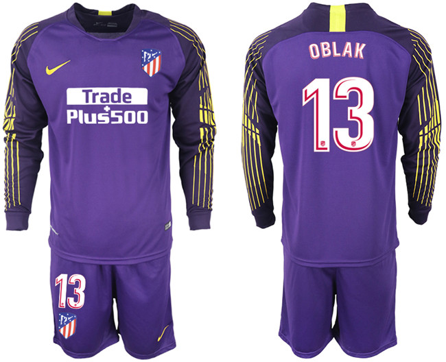 2018 19 Atletico Madrid 13 OBLAK Purple Goalkeeper Long Sleeve Soccer Jersey