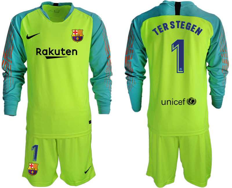 2018 19 Barcelona 1 TER STEGEN Fluorescent Green Long Sleeve Goalkeeper Soccer Jersey