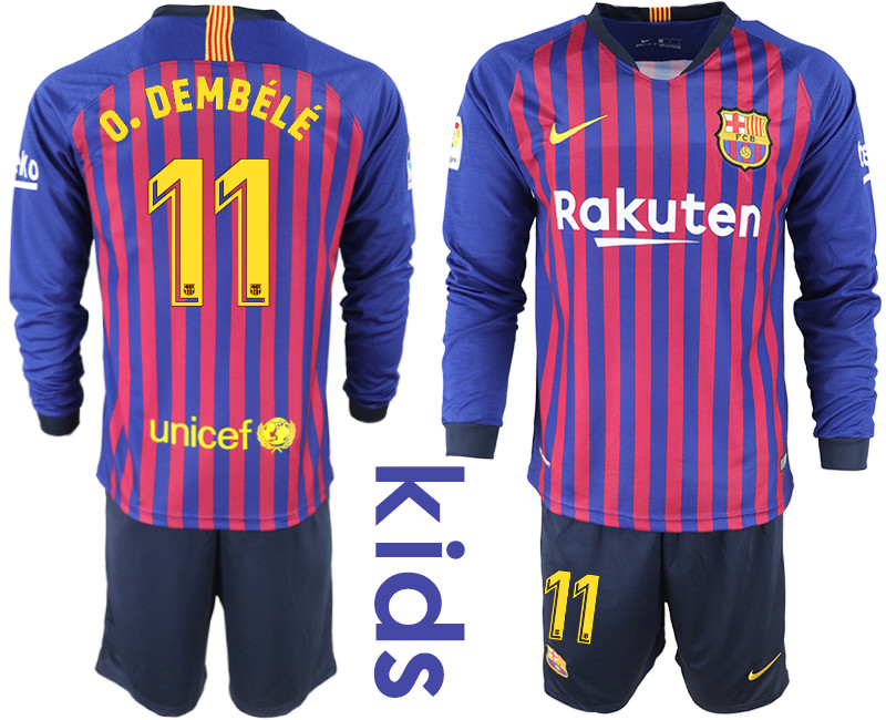 2018 19 Barcelona 11 O. DEMBELE Home Youth Long Sleeve Soccer Jersey