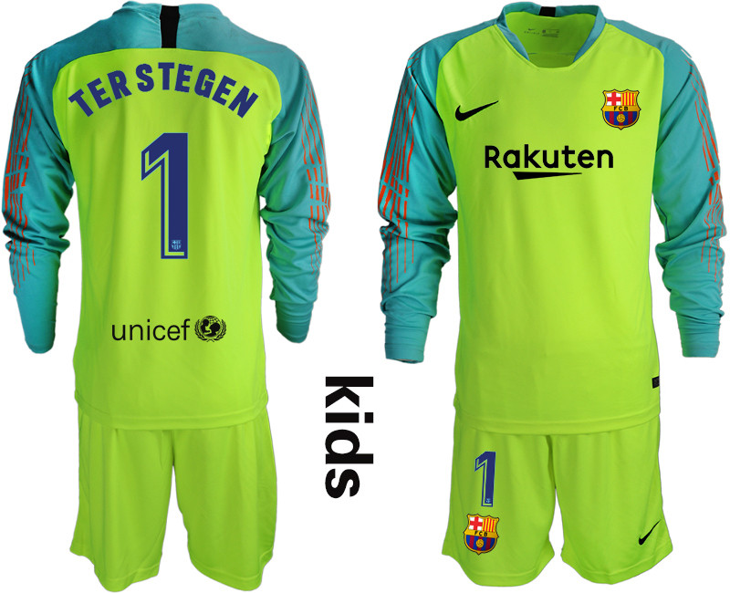 2018 19 Barcelona Fluorescent 1 TER STEGEN Green Youth Long Sleeve Goalkeeper Soccer Jersey