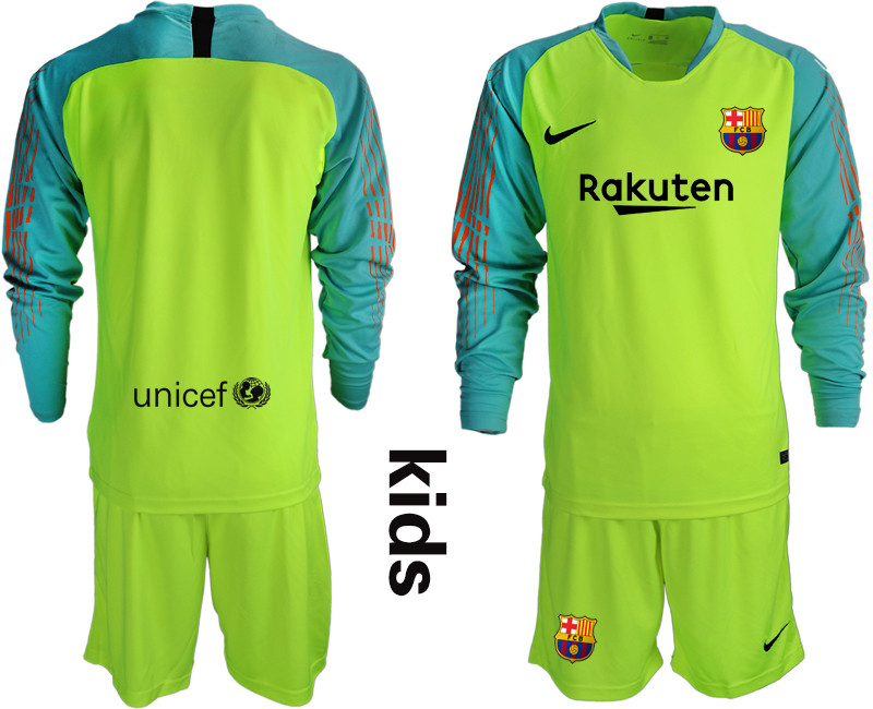 2018 19 Barcelona Fluorescent Green Youth Long Sleeve Goalkeeper Soccer Jersey