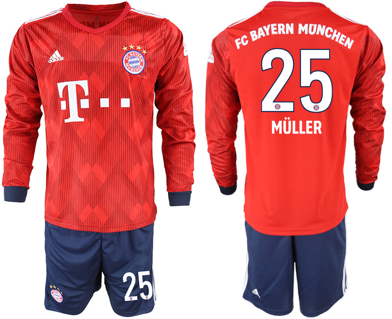 2018 19 Bayern Munich 25 MULLER Home Long Sleeve Soccer Jersey