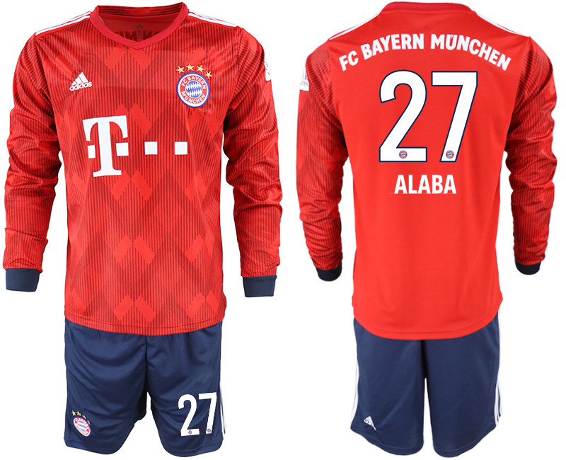 2018 19 Bayern Munich 27 ALABA Home Long Sleeve Soccer Jersey