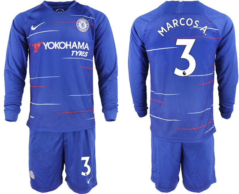 2018 19 Chelsea 3 MARCOS A. Home Long Sleeve Soccer Jersey
