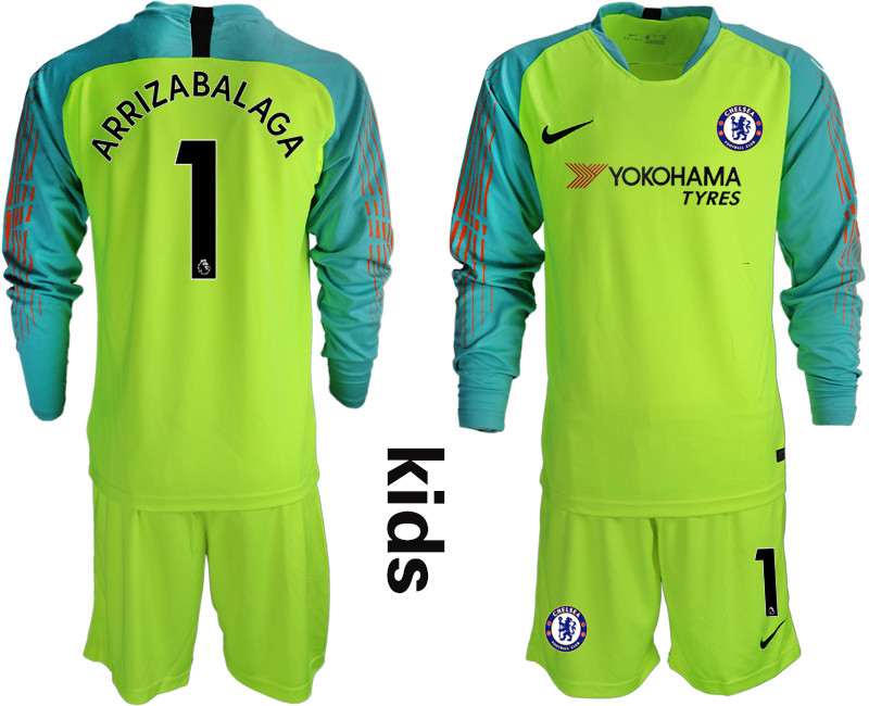 2018 19 Chelsea Fluorescent 1 ARRIZABALAGA Green Youth Long Sleeve Goalkeeper Soccer Jersey