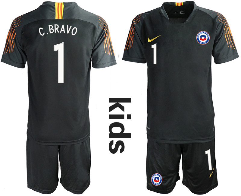 2018 19 Chile 1 C. BRAVO Black Youth Goalkeeper Soccer Jersey