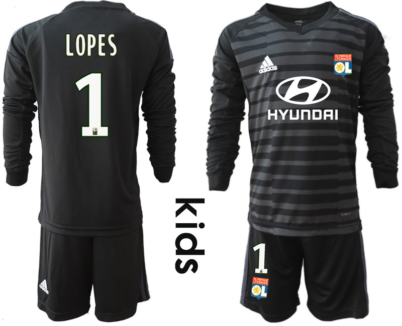 2018 19 Lyon 1 LOPES Black Alternate Youth Long Sleeve Goalkeeper Soccer Jersey