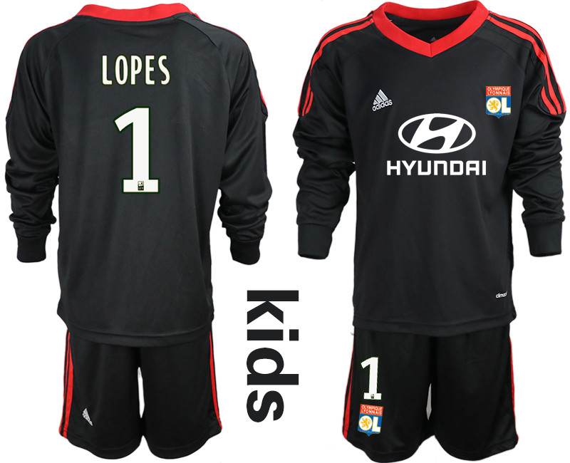 2018 19 Lyon 1 LOPES Black Youth Long Sleeve Goalkeeper Soccer Jersey