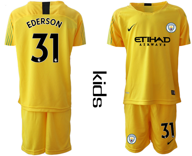 2018 19 Manchester City 31 EDERSON Yellow Youth Goalkeeper Soccer Jersey