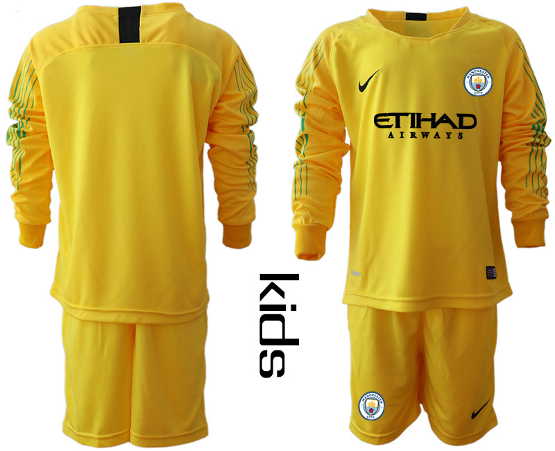 2018 19 Manchester City Yellow Youth Long Sleeve Goalkeeper Soccer Jersey