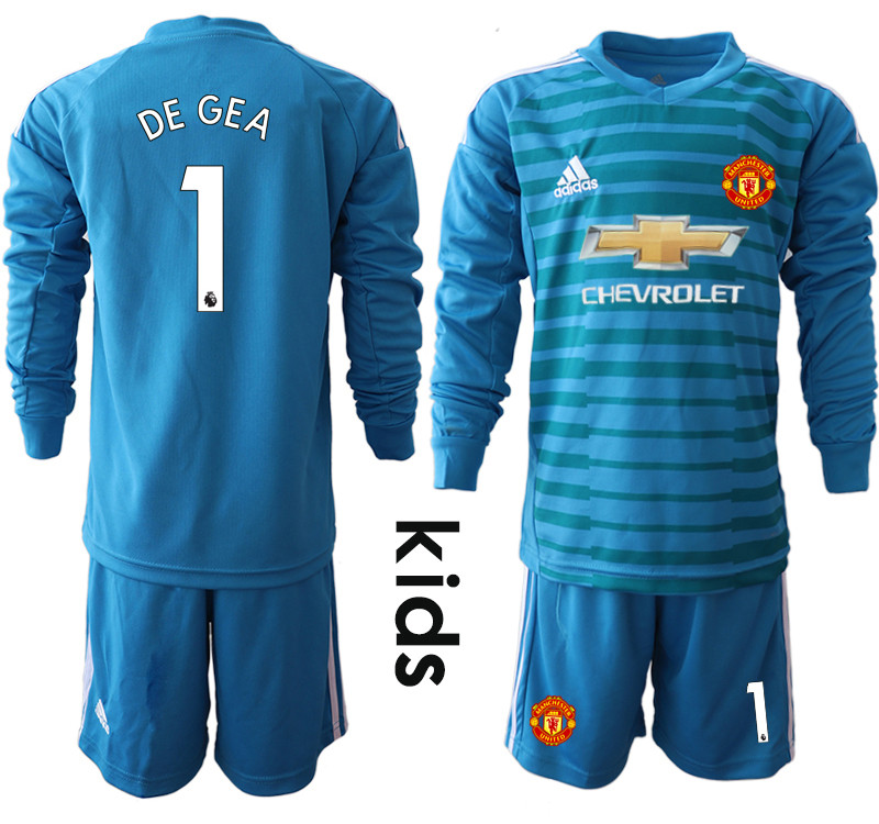 2018 19 Manchester United 1 DE GEA Blue Youth Long Sleeve Goalkeeper Soccer Jersey