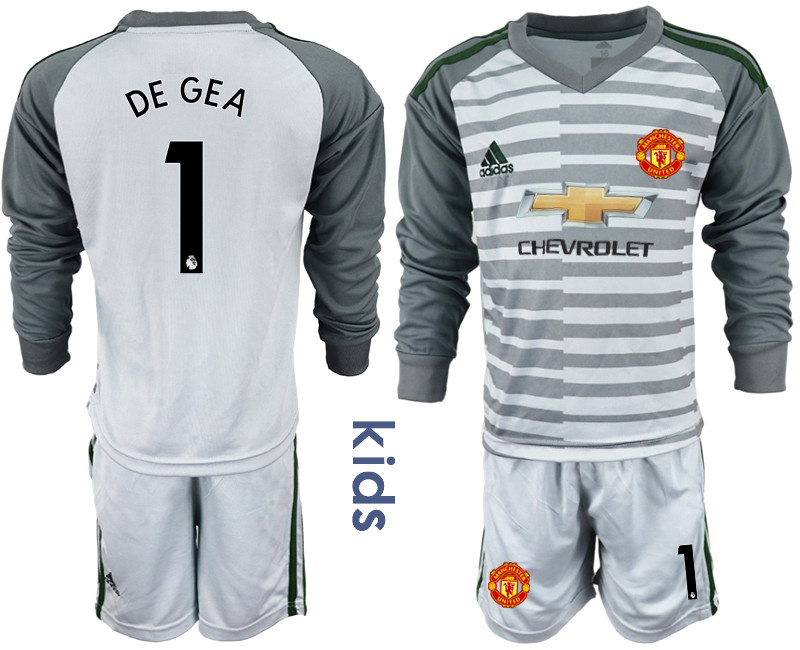 2018 19 Manchester United 1 DE GEA Gray Youth Long Sleeve Goalkeeper Soccer Jersey